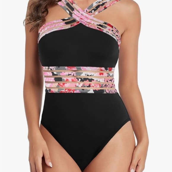 Women’s Floral Black and Pink One Piece Swimsuit - Picture 2 of 5